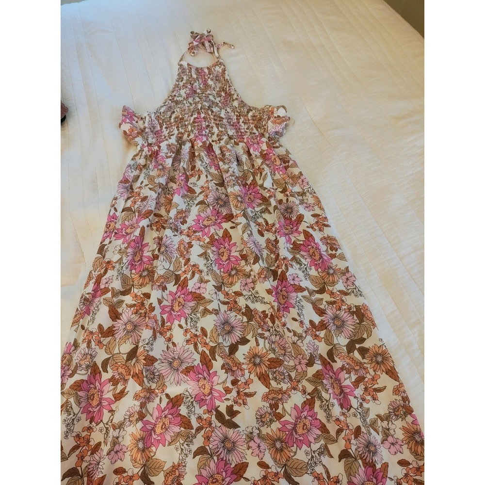 No Comment NY-LA M Floral Smocked Halter Maxi Dress Y2K Boho Rayon - Picture 2 of 8